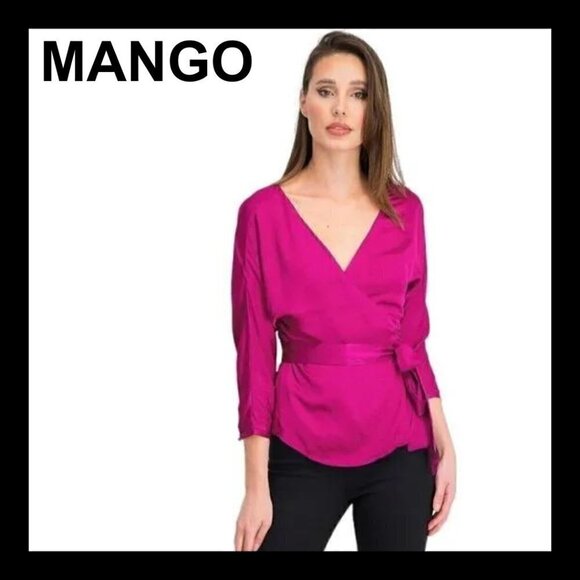 NWT MANGO Purple/fuschia satin wrap batwing crop sleeves blouse - Picture 1 of 15